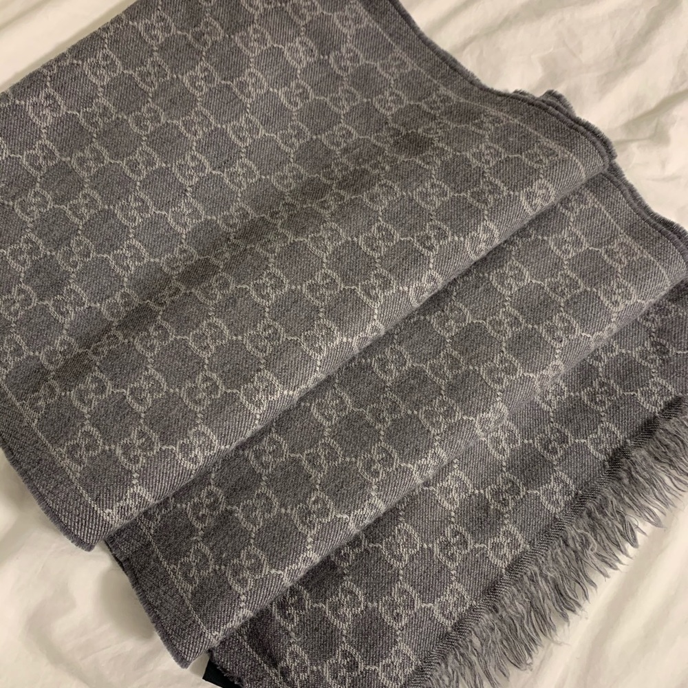 Gucci Gray Monogram GG Wool Scarf